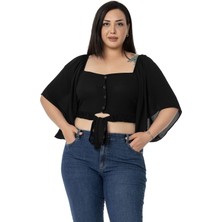 Disentis Modest Büyük Beden Geniş Kollu Beli Lastik Büzgülü Crop Siyah Bluz
