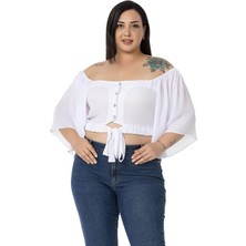 Disentis Modest Büyük Beden Geniş Kollu Beli Lastik Büzgülü Crop Beyaz Bluz