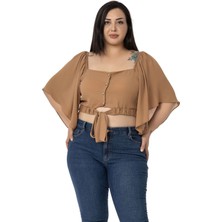 Disentis Modest Büyük Beden Geniş Kollu Beli Lastik Büzgülü Crop Camel Bluz