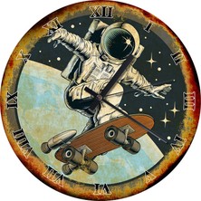 Karizma Tablo Roketli Kaykay ve Astronot Ahşap Duvar Saati