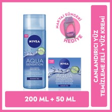 NIVEA Aqua Sensation Canlandırıcı Bakım Kremi 50 ml ve Aqua Sensation Canlandırıcı Temizleme Jeli 200 ml,Makyaj Süngeri Hediye