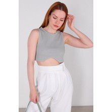 Cappmoda  BLZ-06220 Boyama Gri Bel Oval Detay Kaşkorse Kumaş Crop Bluz