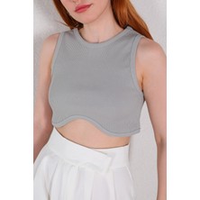 Cappmoda  BLZ-06220 Boyama Gri Bel Oval Detay Kaşkorse Kumaş Crop Bluz