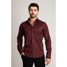 Alenmeza Erkek Bordo Pamuk Saten Kolay Ütülenebilir Casual Cepsiz Modern Fit Gömlek