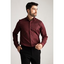 Alenmeza Erkek Bordo Pamuk Saten Kolay Ütülenebilir Casual Cepsiz Modern Fit Gömlek