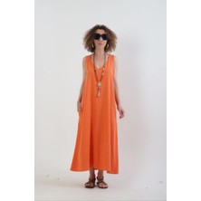 Zelish My Sister Oranj V Yaka Kolsuz Tencel Elbise