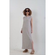 Zelish My Sister Siyah Bej Çizgili O Yaka Uzun Elbise