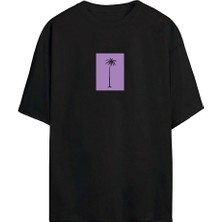 The Wert Unisex Mor Palmiye Baskılı Siyah Oversize Tshirt