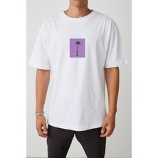 The Wert Unisex Mor Palmiye Baskılı Beyaz Oversize Tshirt