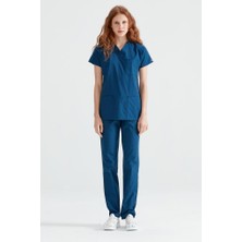 Mooda Medikal Indigo Mavi Tek Renkli Likralı Kumaş Cerrahi Takım V Yaka Forma