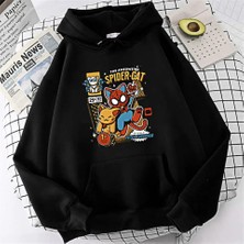 Favorim50Ton Spider-Cat Baskılı Siyah Oversize Kalın Kumaş Kapüşonlu Sweatshirt