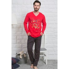 Gazzaz Erkek Süprem Penye Uzun Kollu Cepli V Yaka Kırmızı Pijama Takım 4772