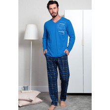 Gazzaz  Gazzaz Saks Mavi Erkek Uzun Kol Cepli V Yaka  Pijama Takım 3286