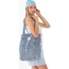 Açık Mavi Kot Kumaş Şeritli ve Cepli Bez Omuz & Kolçantası Kanvas Iş Spor Günlük Jean Model Yazlık