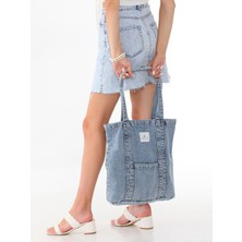 Açık Mavi Kot Kumaş Şeritli ve Cepli Bez Omuz & Kolçantası Kanvas Iş Spor Günlük Jean Model Yazlık
