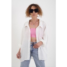 Zelish My Sister Beyaz Omzu Düşük Oversize Gömlek