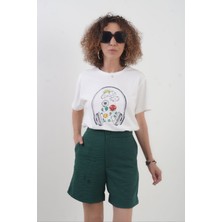 Zelish My Sister Ekru Taşlı Çiçek ve Kulaklık Baskılı Tshirt
