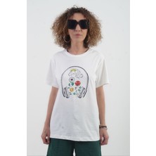 Zelish My Sister Ekru Taşlı Çiçek ve Kulaklık Baskılı Tshirt