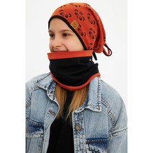 Babygiz Kiremit Kız Çocuk Panda Desenli Bere Boyunluk Set Yumuşak Çift Katlı %100 Doğal Pamuklu Penye