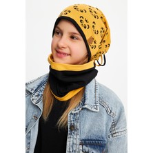 Babygiz Hardal Kız Çocuk Panda Desenli Bere Boyunluk Set Yumuşak Çift Katlı %100 Doğal Pamuklu Penye