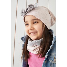 Babygiz Pudra Gri  Babygiz Pudra Çiçekli Çocuk Bebek Şapka Bere Yumuşak %100 Pamuklu Penye