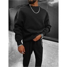 Erkek Siyah Sweatshirt Oversize Kalıp Düşük Omuz Unisex Bisiklet Yaka %100 Içi Pamuklu