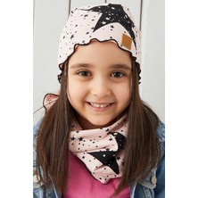 Babygiz Pudra Siyah Çocuk Bebek Bere Boyunluk Set Yumuşak %100 Pamuklu Penye Yıldız Seri