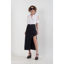 Zelish My Sister Siyah Asimetrik Yırtmaçlı Denim Etek