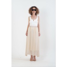 Zelish My Sister Bej Piliseli Beli Lastikli Şifon Maxi Etek