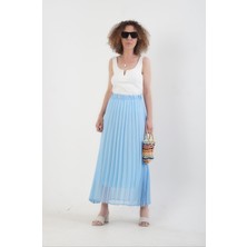 Zelish My Sister Mavi Piliseli Beli Lastikli Şifon Maxi Etek
