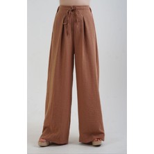 Zelish My Sister Açık Kahve Geniş Paça Keten Karışımlı Pantolon