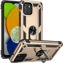 Case World Samsung Galaxy A03 Kapak Military Yüzüklü Stantlı Panzer Tank Kılıf - Gold