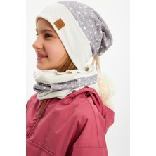 Babygiz Gri Kız Bebek Çocuk Ponponlu Bere Boyunluk Set Yumuşak Çift Katlı %100 Doğal Pamuklu