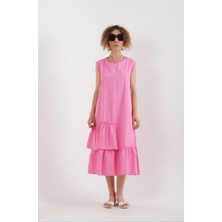 Zelish My Sister Pembe Volanlı Kolsuz Elbise