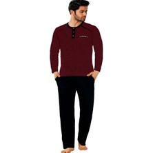 Alimer Bordo O Yaka Patlı Düğmeli Uzun Kollu Cepli Jakarlı Büyük Beden Erkek Pijama Takımı EDY1137UKB-B