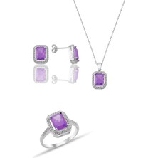 Molenga Gümüş Takı Seti Baget Taşlı 925 Ayar Ametist Renk