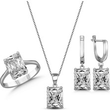 Molenga 925 Ayar Gümüş Baget Taşlı Kare Model Takı Seti