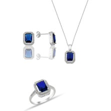 Molenga Gümüş Baget Takı Seti Safir Renk 925 Ayar