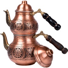 Dmt Copper Home Bakır Çaydanlık Takımı Ağır İşlemeli Ahşap Kulp Alt:12 cm Üst:9 cm 1,5 lt