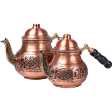 Dmt Copper Home Bakır Çaydanlık Takımı Ağır İşlemeli Ahşap Kulp Alt:12 cm Üst:9 cm 1,5 lt