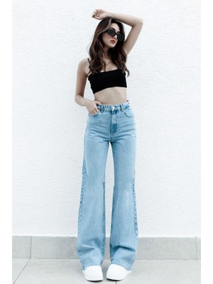 Shevega Buz Mavi Likralı Boyfrind Bol Paça Kot Pantolon