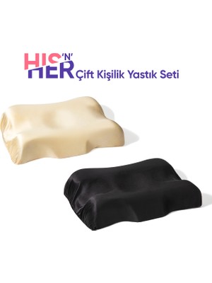 Beauty Pillow Hers & His Çift Kişilik Yastık Seti (Bej & Siyah Ipek Yastık Kılıflı)