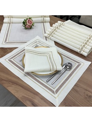 Oya Home Kolber Detaylı Gold Çift Dikişli Amerıkan Servis& Peçete& Ranır Set