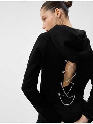 Koton Kapşonlu Sweatshirt Arkası Çapraz Bağlamalı Taş Zincir Detaylı Uzun Kollu
