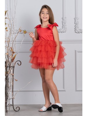 Kıvanç Çocuk Kız Çocuk Mat Saten Tütülü Omuzları Fiyonklu Abiye Elbise