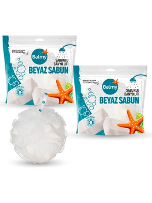 Balmy Doğal Lifli Sabunlu Banyo Lifi - Beyaz Sabun Aromalı, Tüm Cilt Tiplerine Uygun, 2'li Set