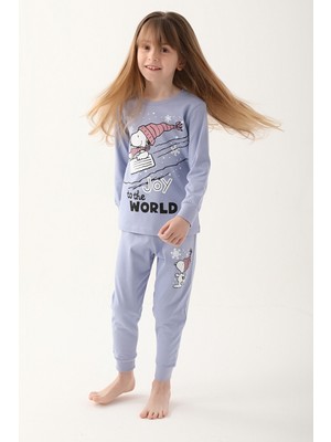 Snoopy Açık Indigo Kız Çocuk Uzun Kol Pijama Takım
