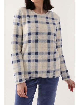 Arnetta Checkered Stripes Beyaz Mavi Kadın Uzun Kol Pijama Takım