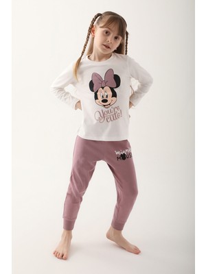 Minnie Mouse Krem Kız Çocuk Uzun Kol Pijama Takım