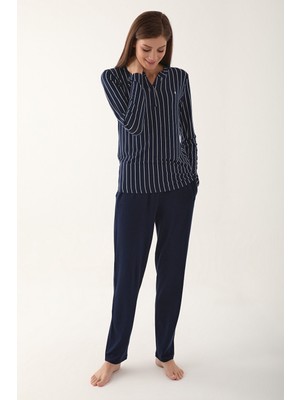 Pierre Cardin White Lines Lacivert Kadın Uzun Kol Pijama Takım